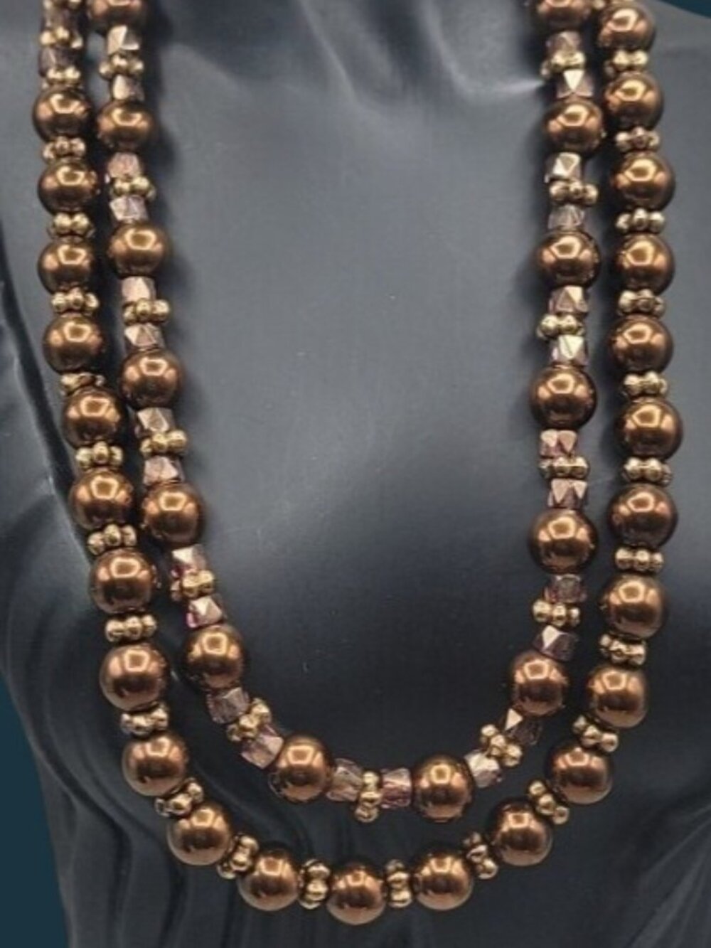 Vintage Chocolate Brown Glass Bead Necklace Double Strand 10mm Toggle Clasp